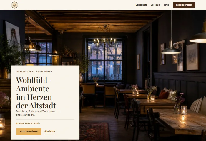 Website für ein Frühstückscafé: helle warme Farben, Frühstückskarte mit Preisen, Kuchentheke und Bildmosaik