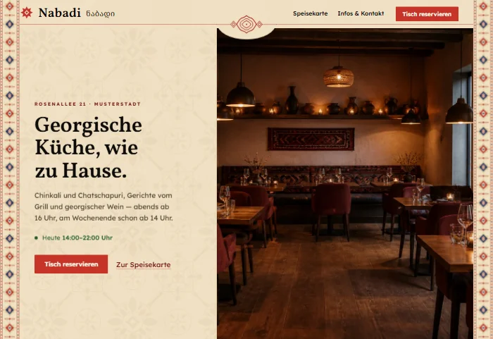 Website für ein georgisches Restaurant: warmes Cremeweiß, Ornamentborten, Gerichte mit Preisen und Reservierungshinweis