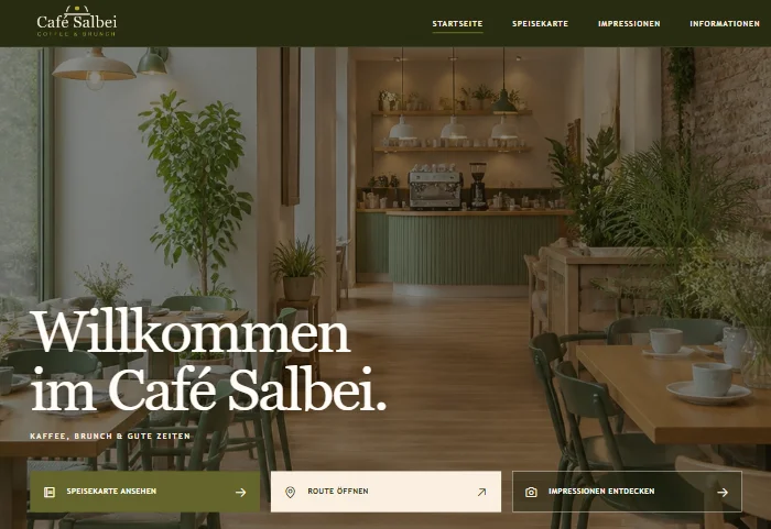 Website für ein Brunch-Café: dunkles Olivgrün, große Serifen-Headline, laufendes Bildband und Anfahrt