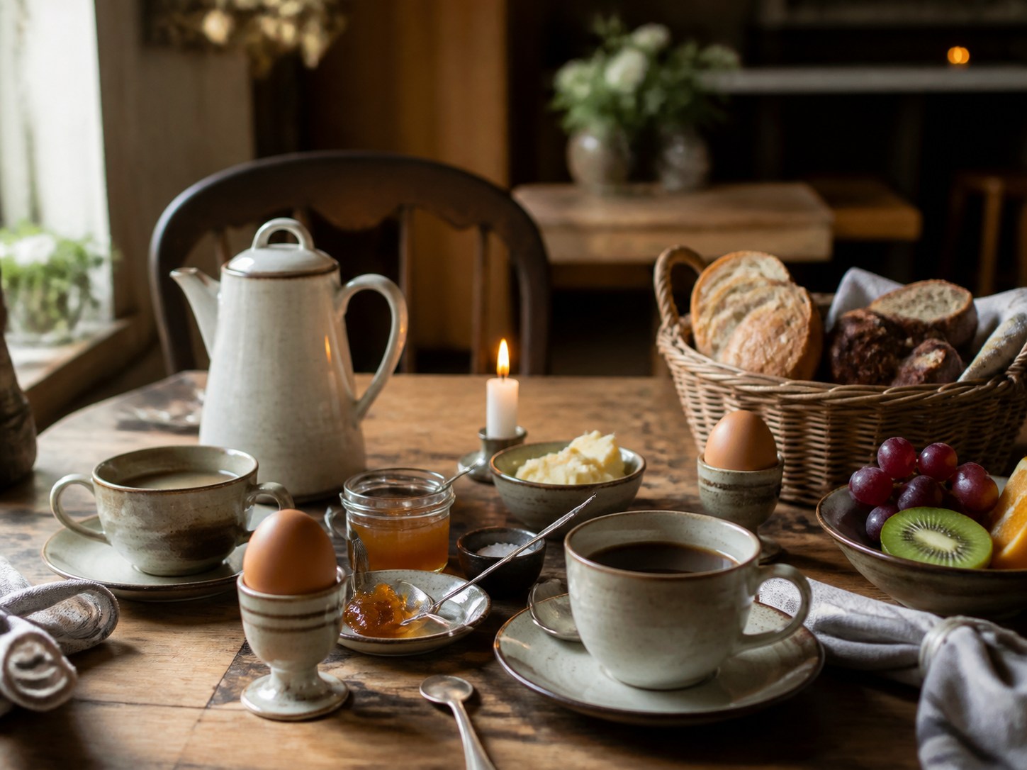 Gedeckter Frühstückstisch mit Kannen, Marmelade, Brötchenkorb und einer Kerze.
