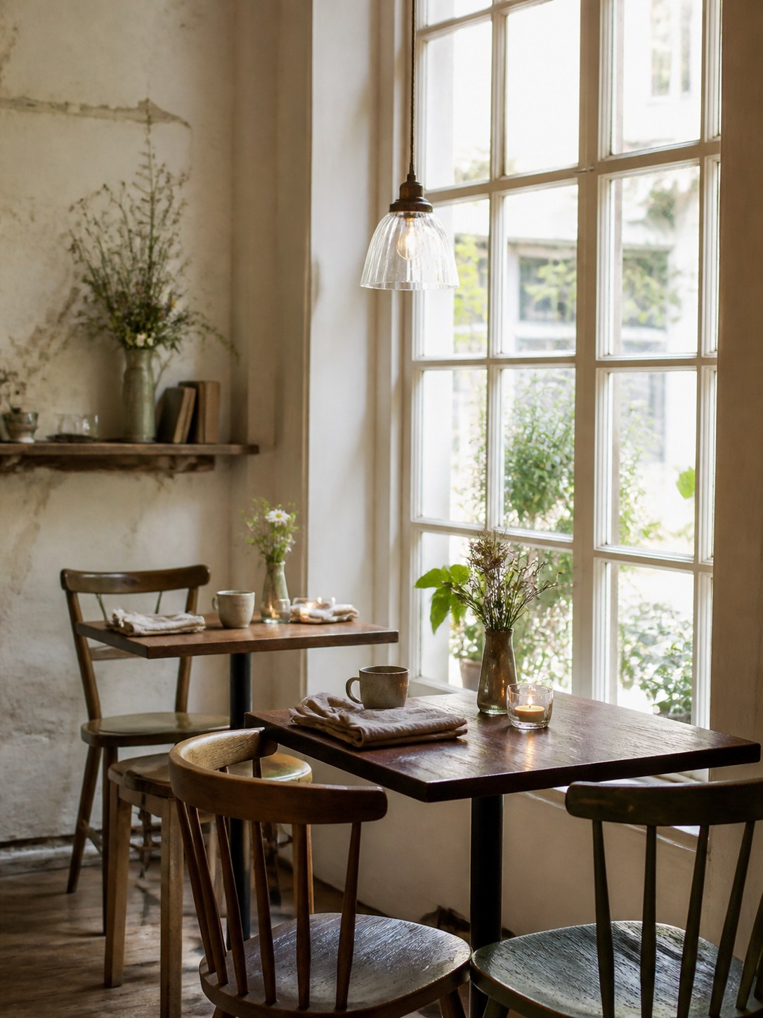 Eingedeckte Tische am großen Sprossenfenster, dazwischen Kerzen und Blumen.