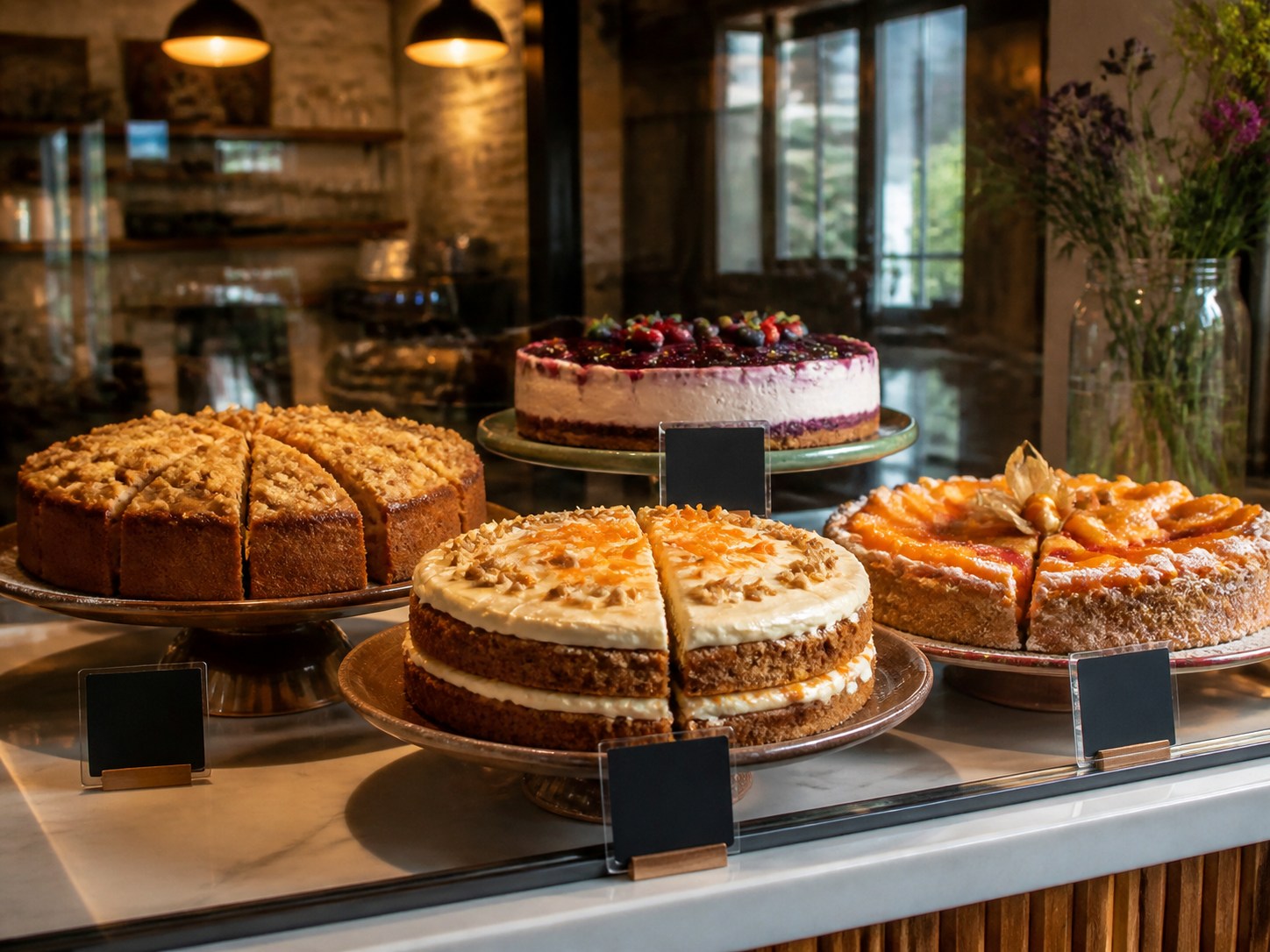 Die Kuchentheke mit Apfelkuchen, Carrot Cake, Blaubeerquark und Erdbeerkuchen, davor kleine Preisschilder.