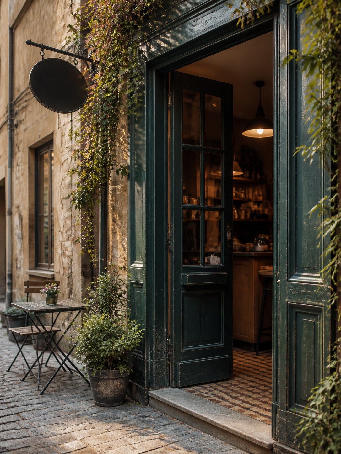 Der Eingang des Cafés mit hängendem Schild über der Tür.