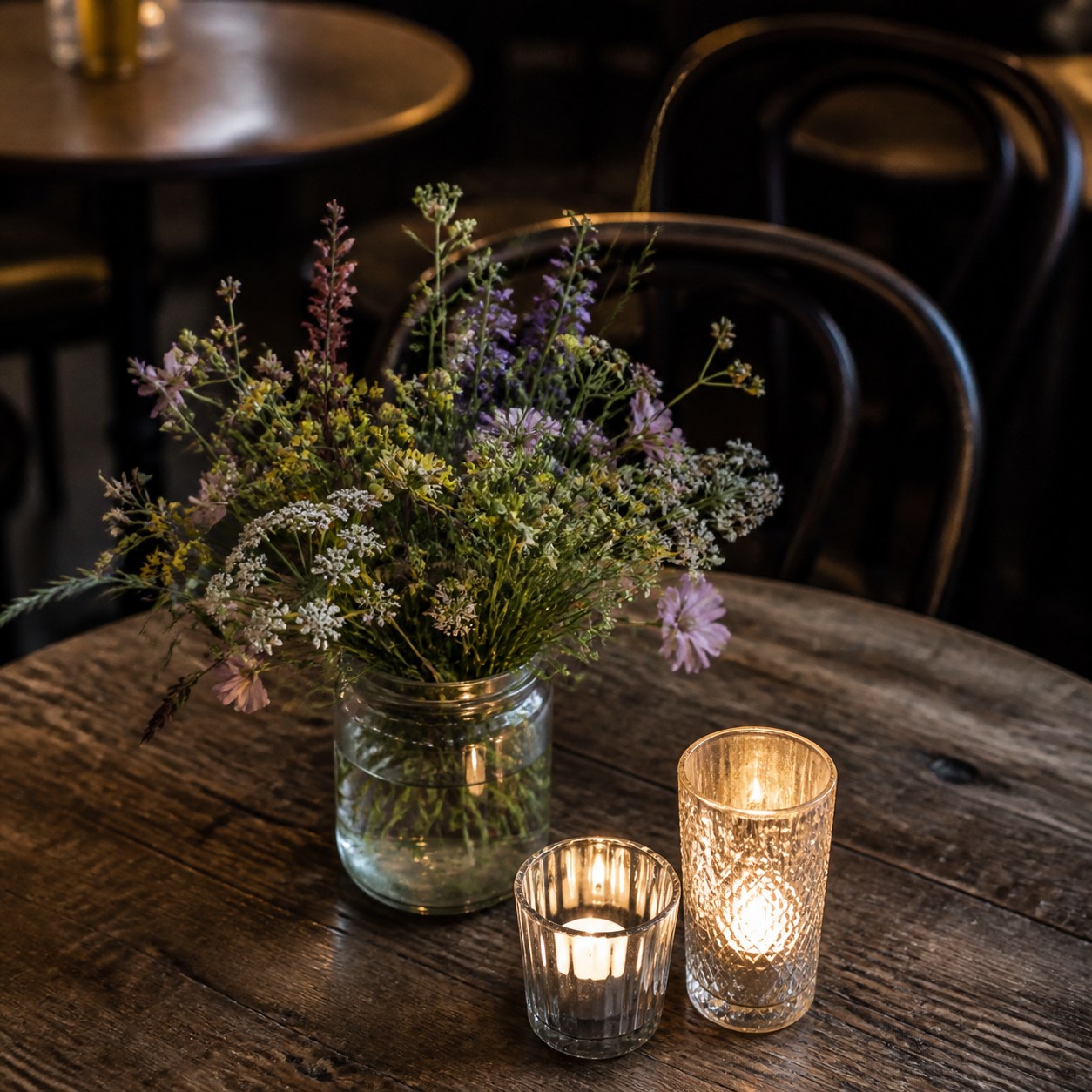 Blumen und Kerzenhalter auf einem Holztisch.