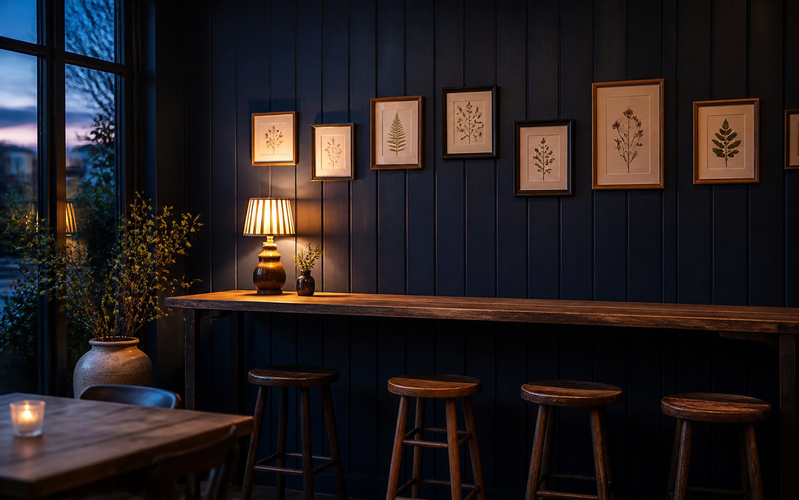 Hoher Tisch vor dunkelblauer Wand, darüber eine Reihe kleiner gerahmter Blumenbilder und eine Tischlampe mit gestreiftem Schirm.