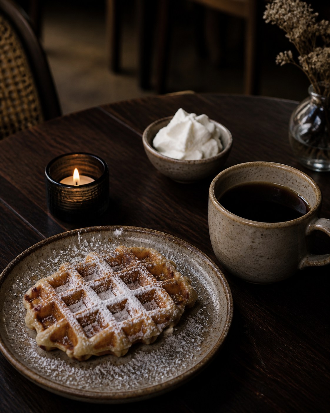 Waffel mit Puderzucker, eine Tasse schwarzer Kaffee, ein Schälchen Sahne und ein brennendes Teelicht auf einem Holztisch.