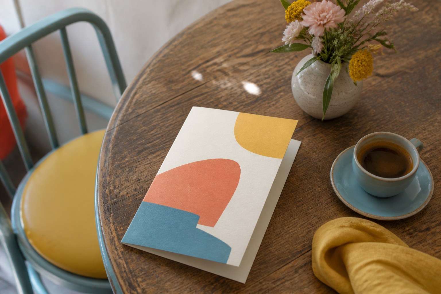 Grafisch gestaltete Menükarte mit Blumen und Kaffee auf einem Holztisch