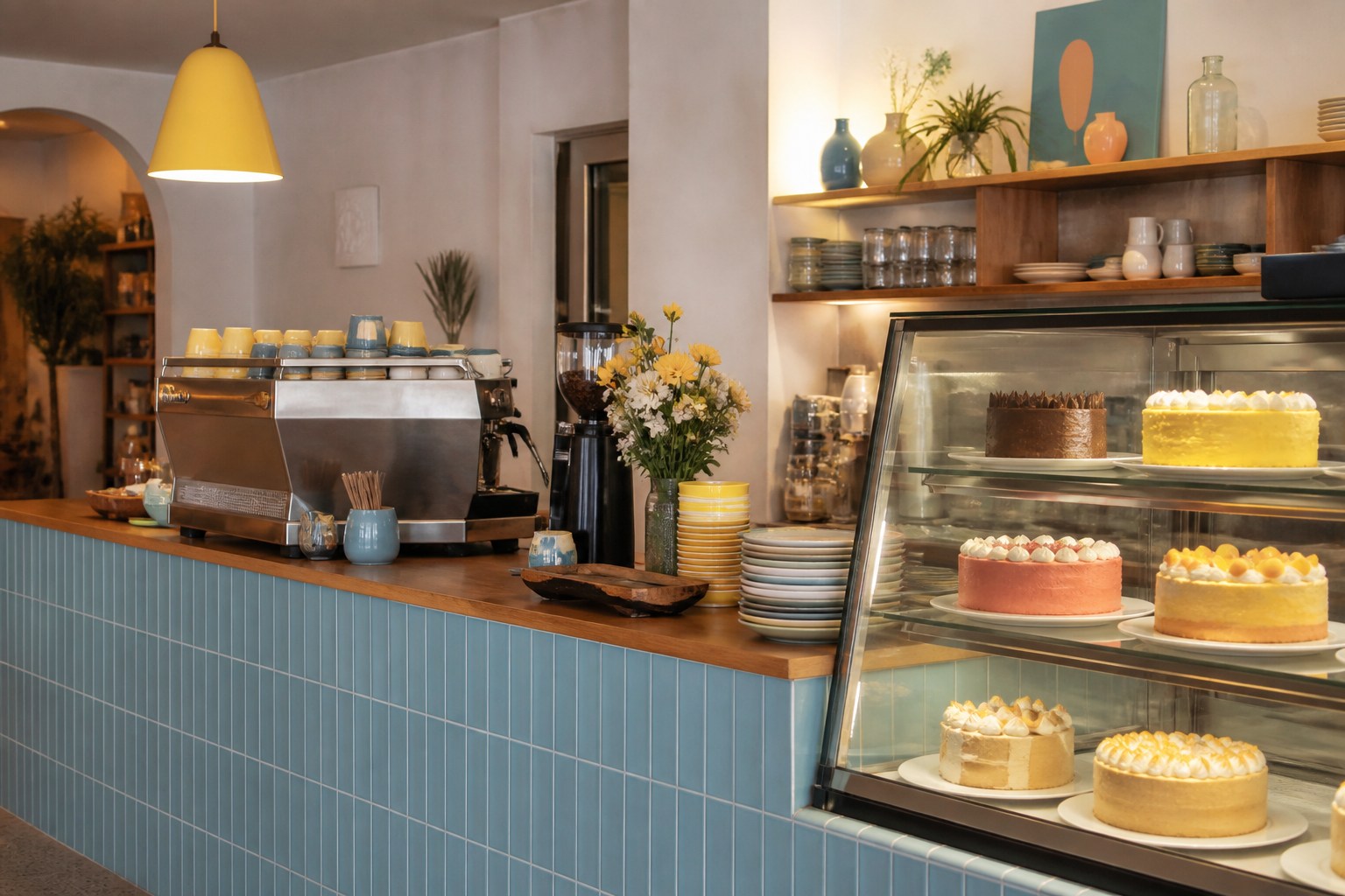 Kuchenvitrine und Espressomaschine hinter dem Tresen im Café Nordbucht