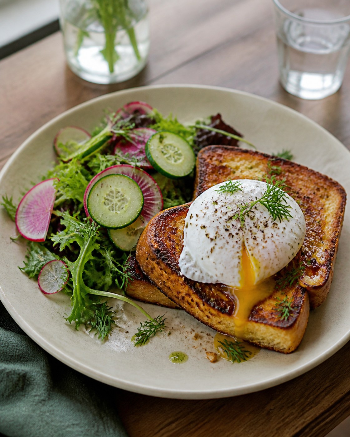 French Toast mit pochiertem Ei und Salat