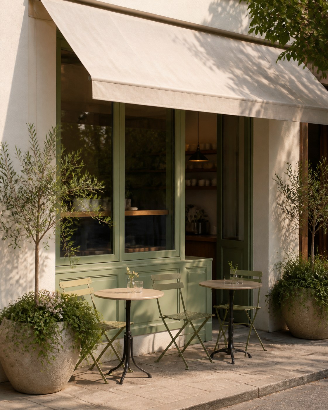 Die Fassade des Cafés am Gartenweg mit Schild und Fensterfront