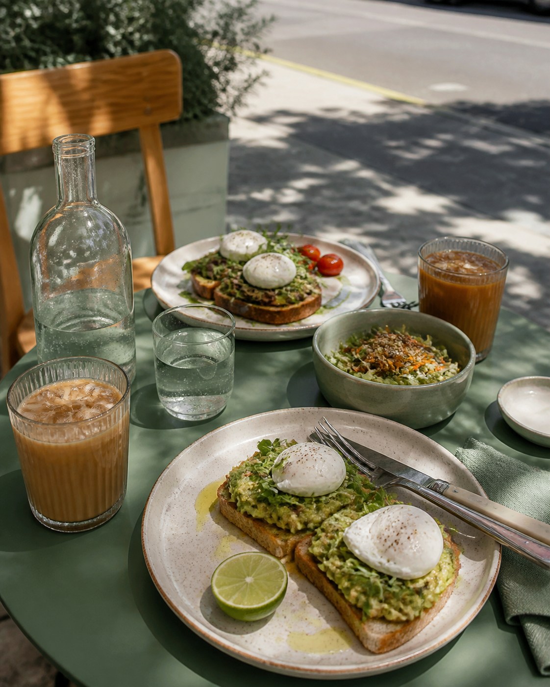 Brunch auf dem grünen Tisch vor dem Café