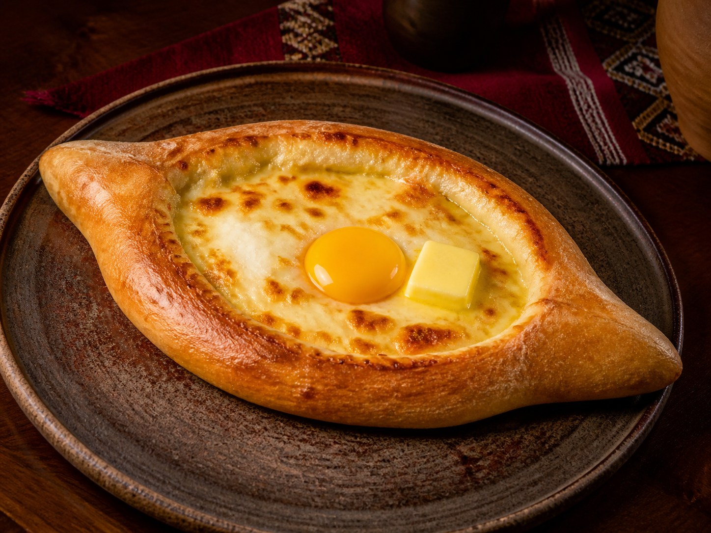 Bootsförmiges Chatschapuri mit geschmolzenem Käse, Eigelb und Butter.