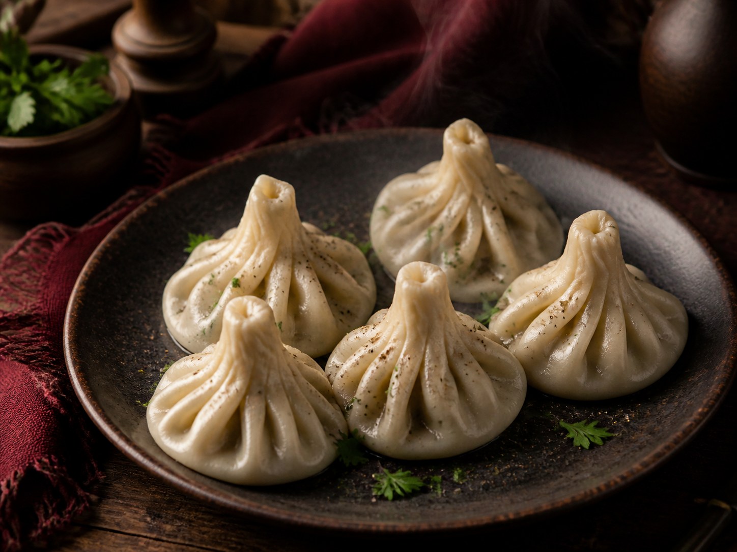 Fünf Chinkali auf einem dunklen Keramikteller, bestreut mit Pfeffer und Kräutern.
