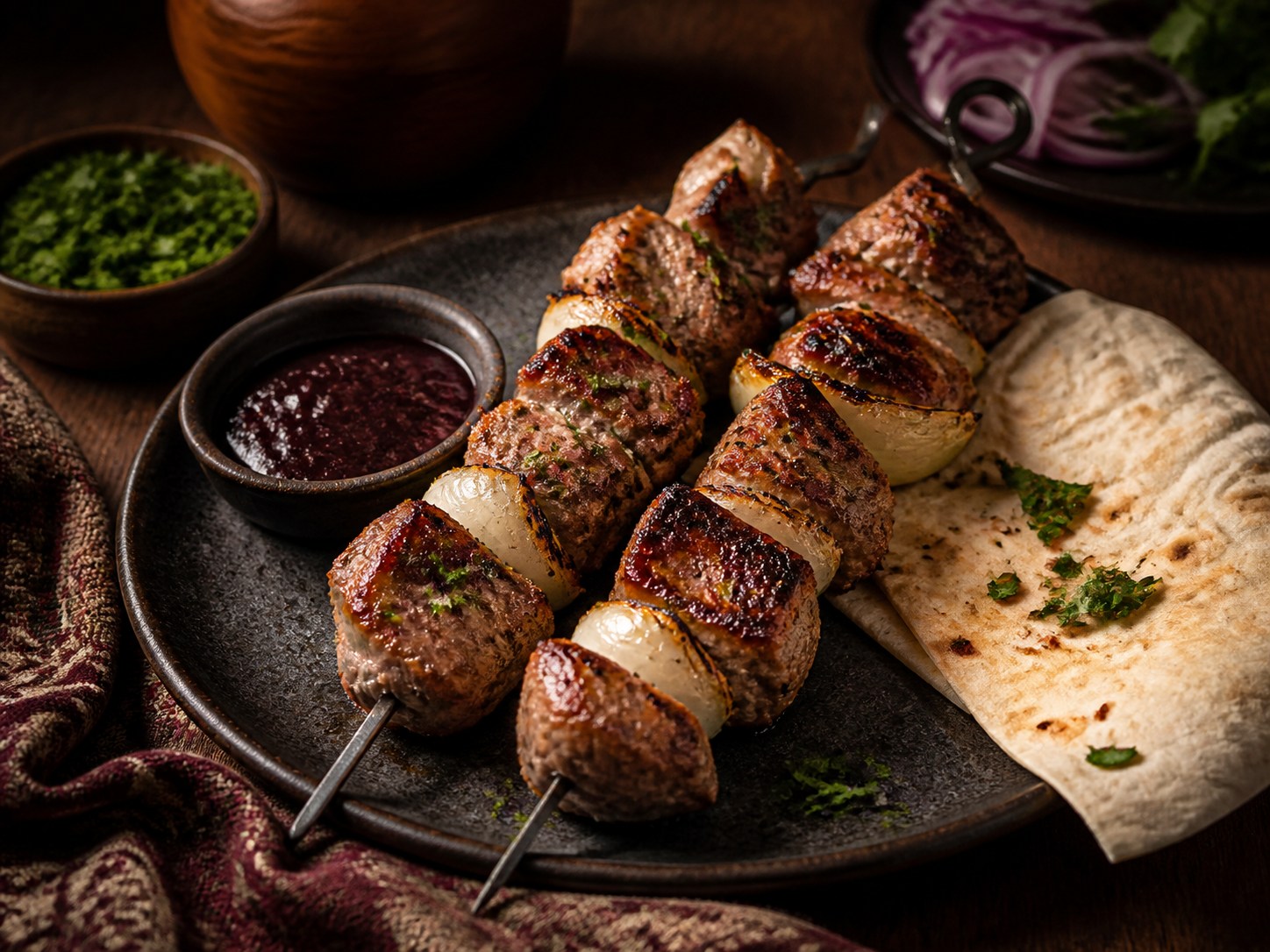 Mzwadi: gegrillte Fleischspieße mit Zwiebeln, Kräutern, Pflaumensoße und Fladenbrot.